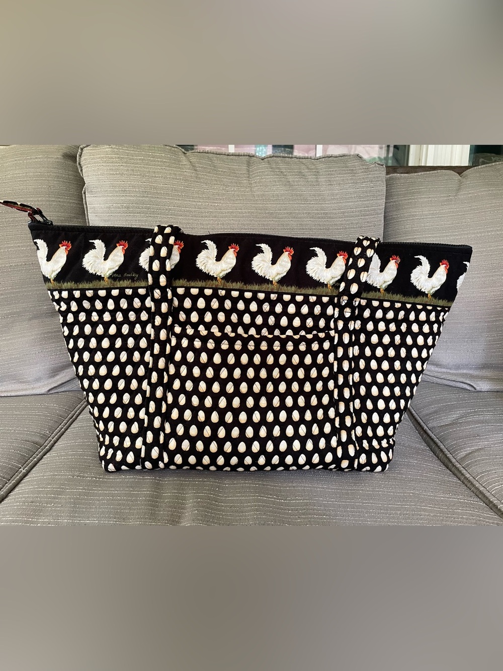 Vera Bradley Black Tote with White Egg-Dot and Rooster Motif